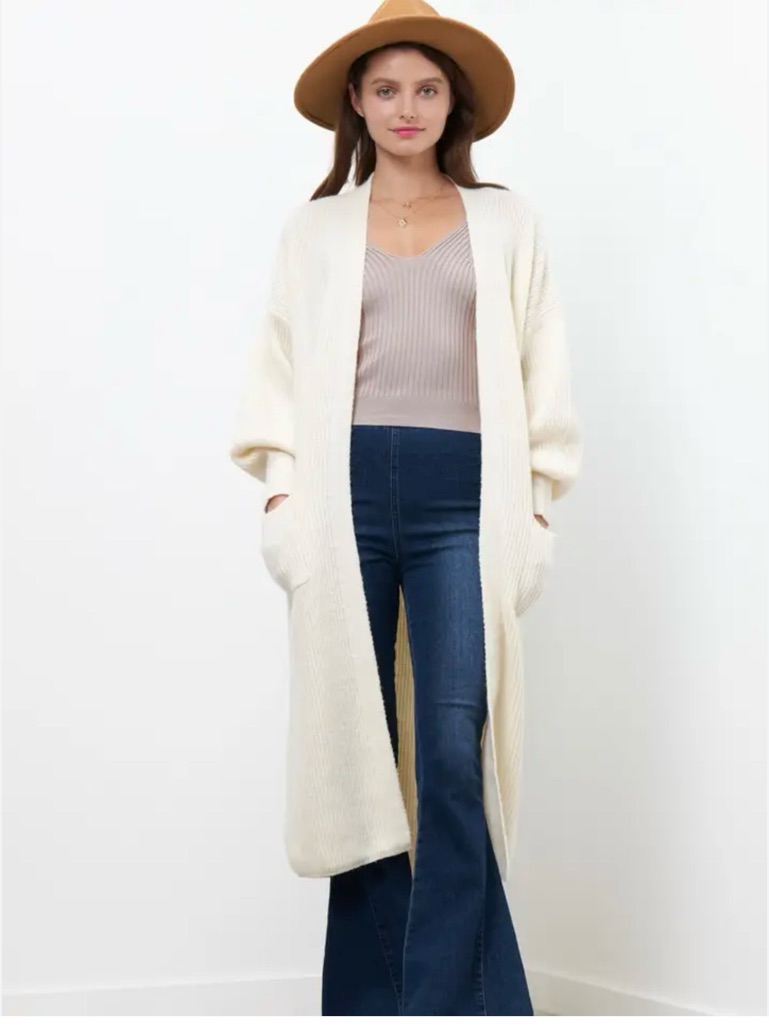 Newbury Kustom Long Cream Open-Front Knit Cardigan